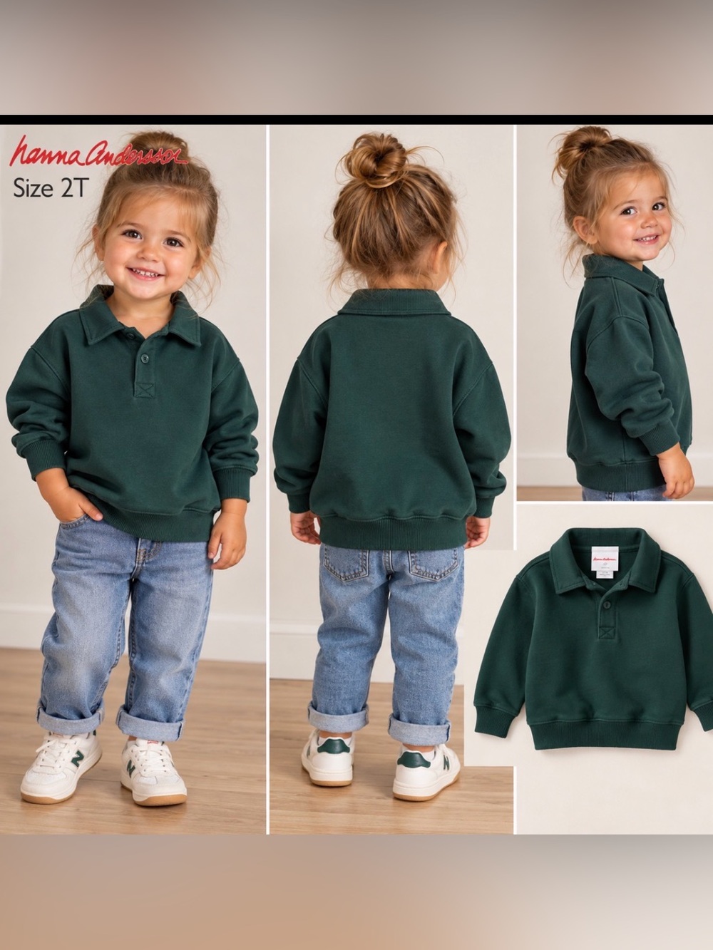 Hanna Andersson Kids’ Deep Green Polo Sweatshirt, Size 2T